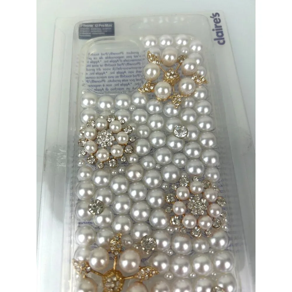 Claire's Iphone 12 ProMax Protective Phone Case White Pearl Rhinestone Floral